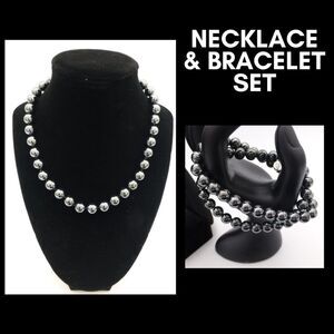 NWOT Cookie Lee Beaded Ball, Dark Silver/Black Chrome Necklace and Bracelet Set